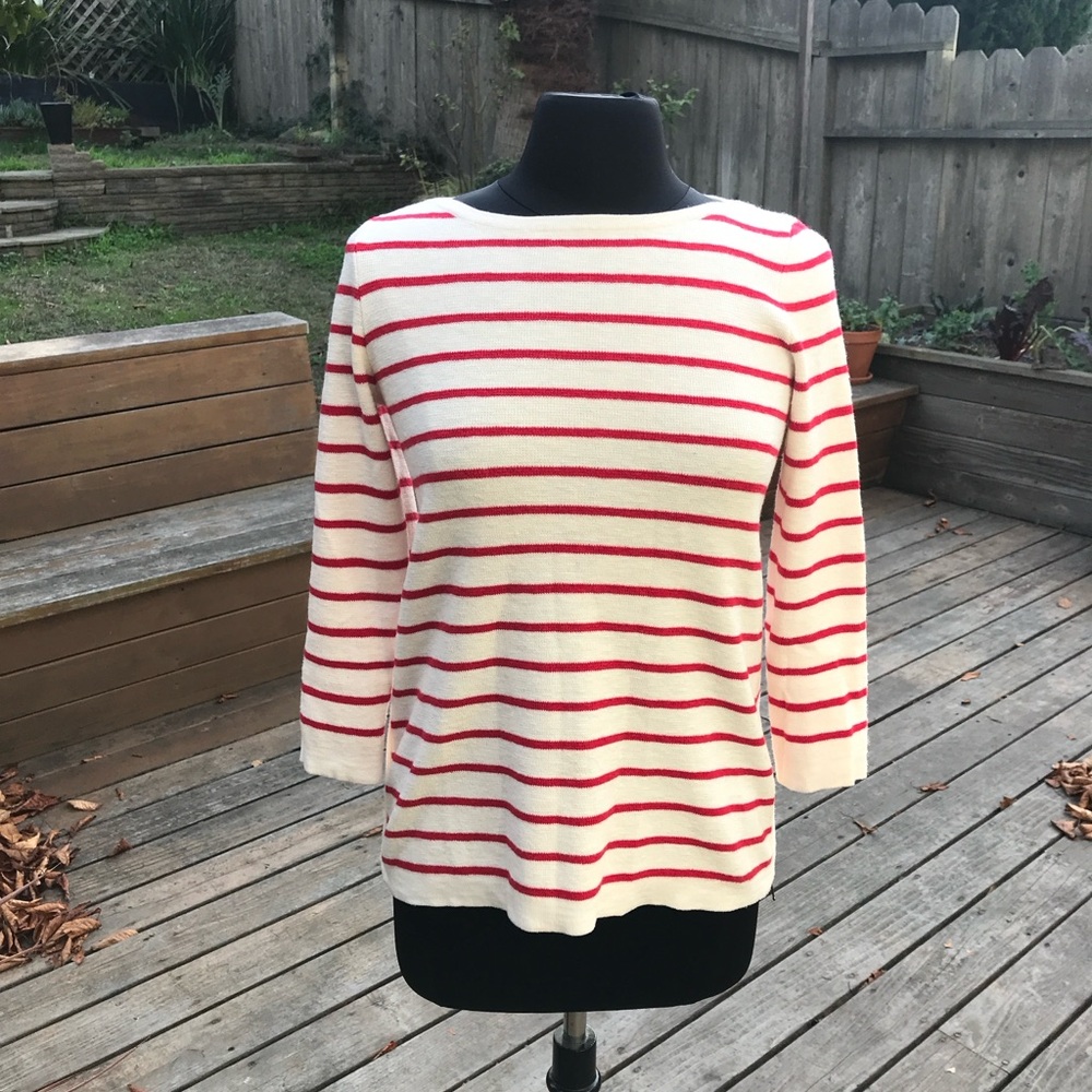 Madewell Cream and Red Striped Crewneck Sweater